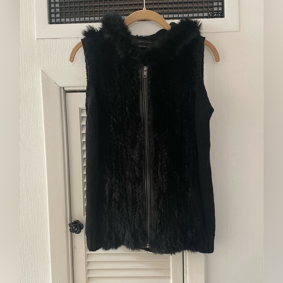 BCBG Sweaters - BCBG Maxazria Vest Hooded Pockets Rabbit Fur Full Zip Knit Black Size S​